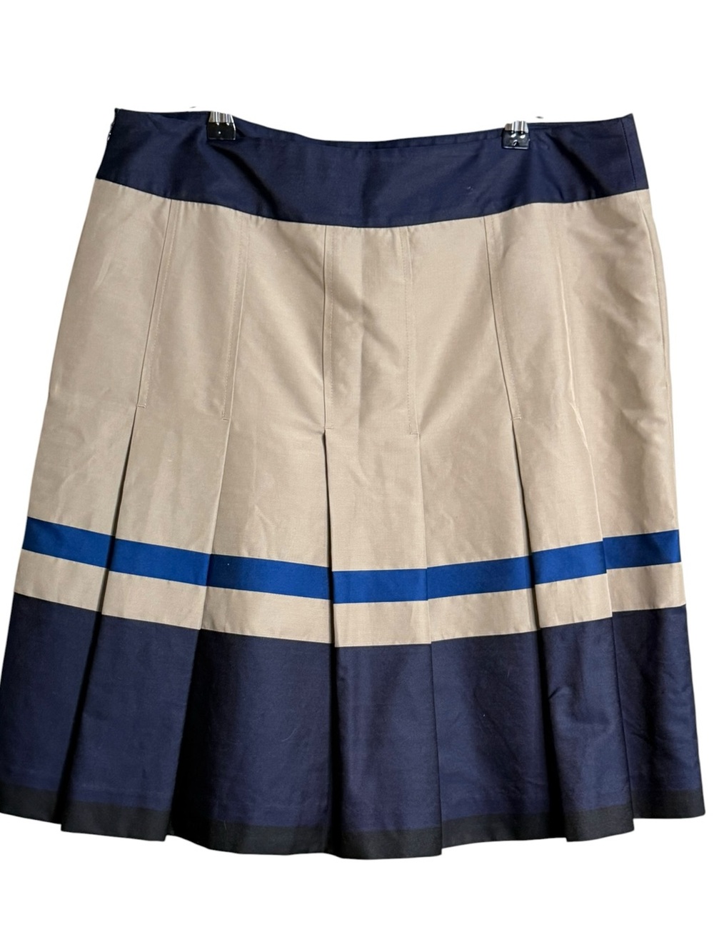 Ann Taylor Beige A-Line Pleated Skirt with Navy and Blue Stripes - Picture 5 of 7